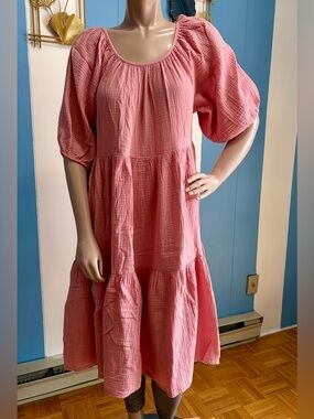 Pink Cotton Gauze Tiered Midi Dress -